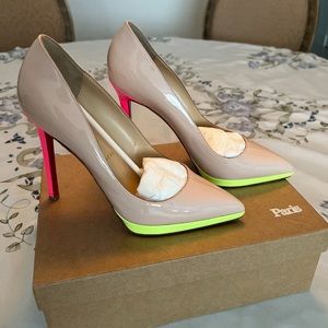 Christian Louboutin Authenticated Pigalle Plato 120 Patent Nude & Neon